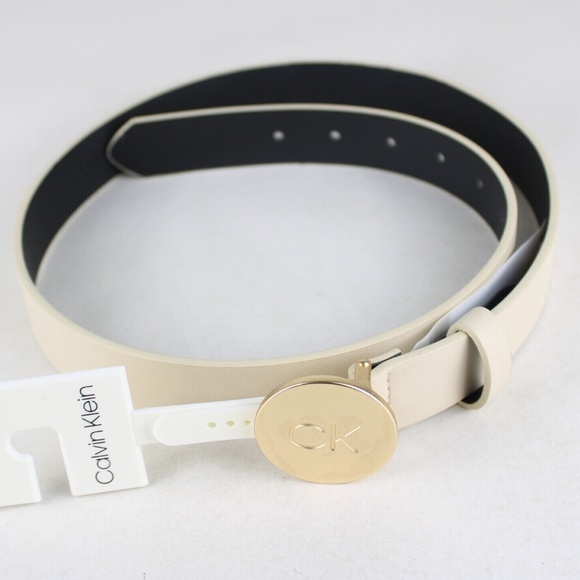 NWT Original CALVIN KLEIN Disk Medallion Belt Gold Buckle Taupe Cream Size M main image 4